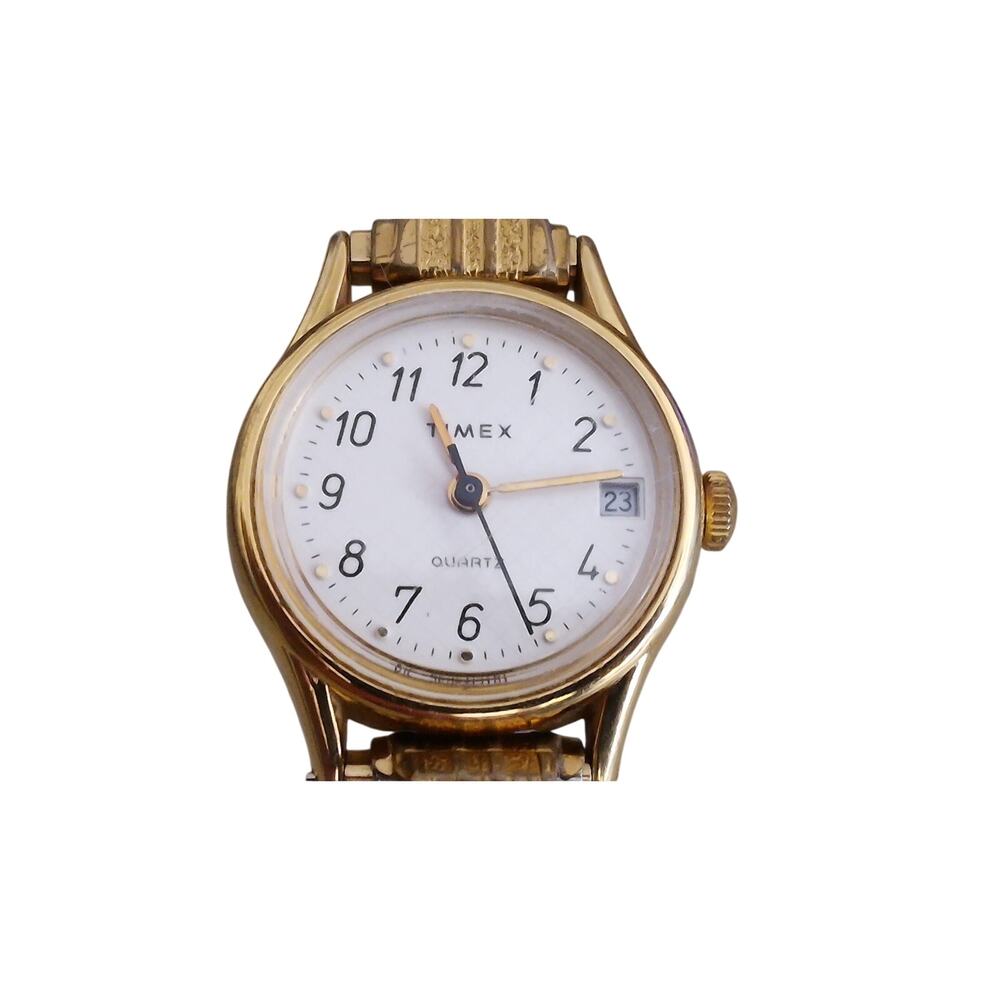 Timex Womens White Dial‎ Gold Trim New Battery Metal Band Date Classic Cocktail